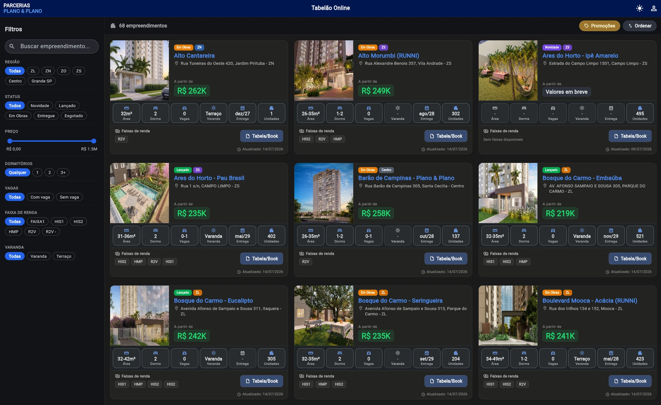 Tabelão Online no computador: filtros de região, status, preço e faixa de renda à esquerda e cards de empreendimentos com metragem, dormitórios, vagas, entrega e unidades à direita.