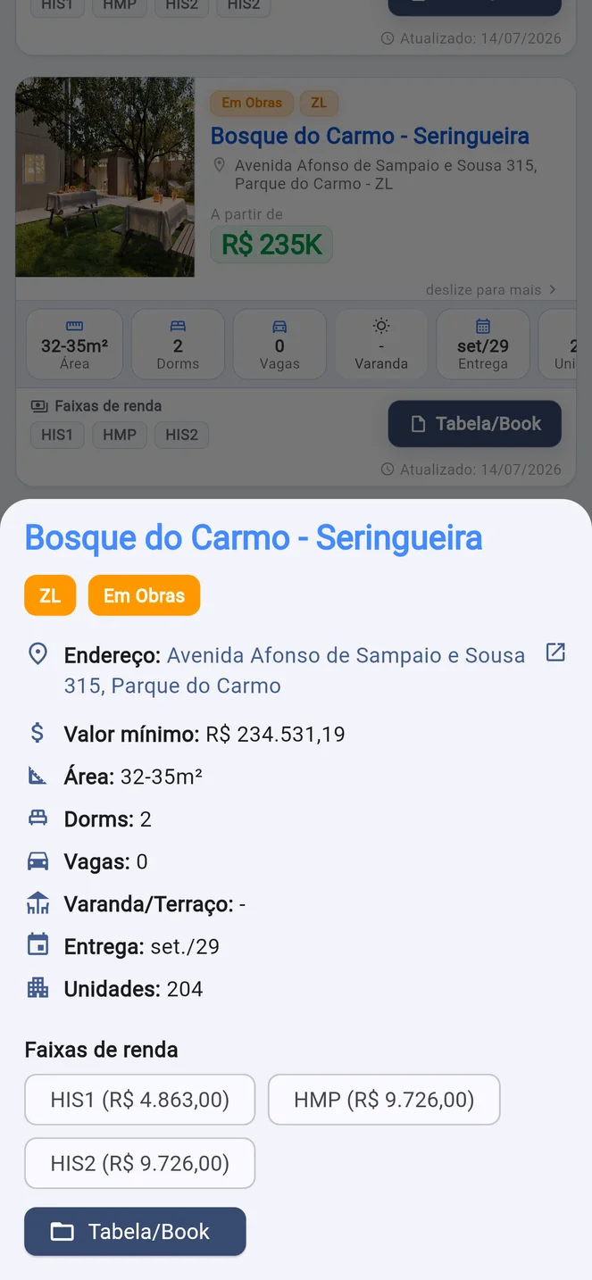Ficha de um empreendimento aberta no celular: nome, região, status, endereço em destaque, valor mínimo, área, dormitórios, vagas, entrega, unidades, faixas de renda e o botão Tabela/Book.